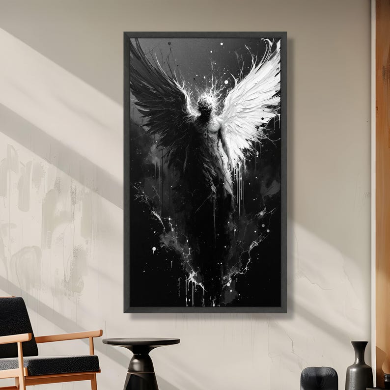 Duality Angel Canvas Wall Art, Black and White Wings Abstract Painting, Spiritual Contrast Decor, Modern Canvas Artwork, Dark and Light Home image 3