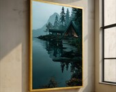 Tranquil Lakeside Cabin, A-Frame House Canvas, Forest Reflection Wall Art, Mountain Lake Scene, Cozy Home Decor Canvas