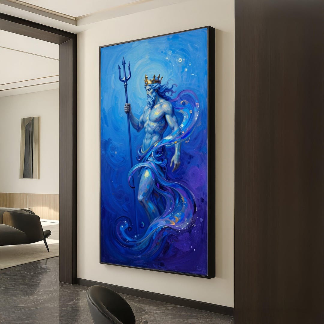 Powerful Poseidon Canvas, Mythical Ocean God Wall Art, Neptune Trident ...