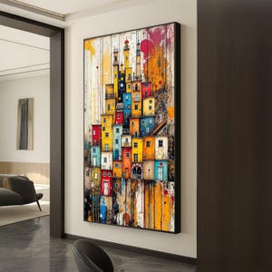 Vibrant Cityscape Canvas Wall Art, Colorful Urban Buildings Painting, Abstract Architectural Decor, Modern Home Decoration