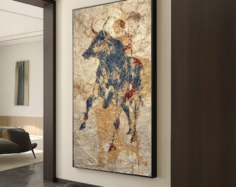 Tela de pintura de caverna de touro antigo, arte de parede pré-histórica, tela de animais tribais, decoração rústica para casa, impressão de arte histórica
