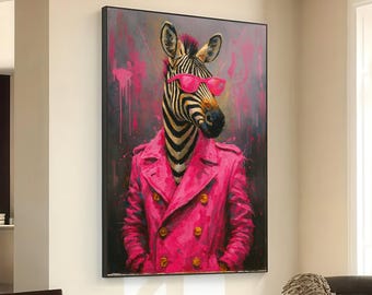 Cool Zebra Portrait Canvas, Funky Animal Wall Art, Pink Coat Painting, Modern Pop Art Canvas, Unique Home Decor, Ready to Hang