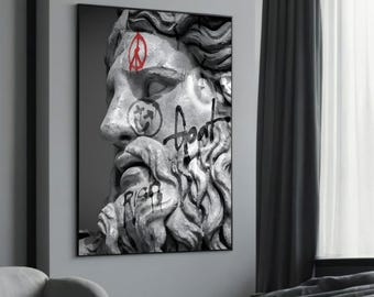 Graffiti Zeus Face Canvas Painting – Classic Mythological Art with Bold Urban Graffiti, Perfect Gift for Modern Art Mythology Enthusiasts