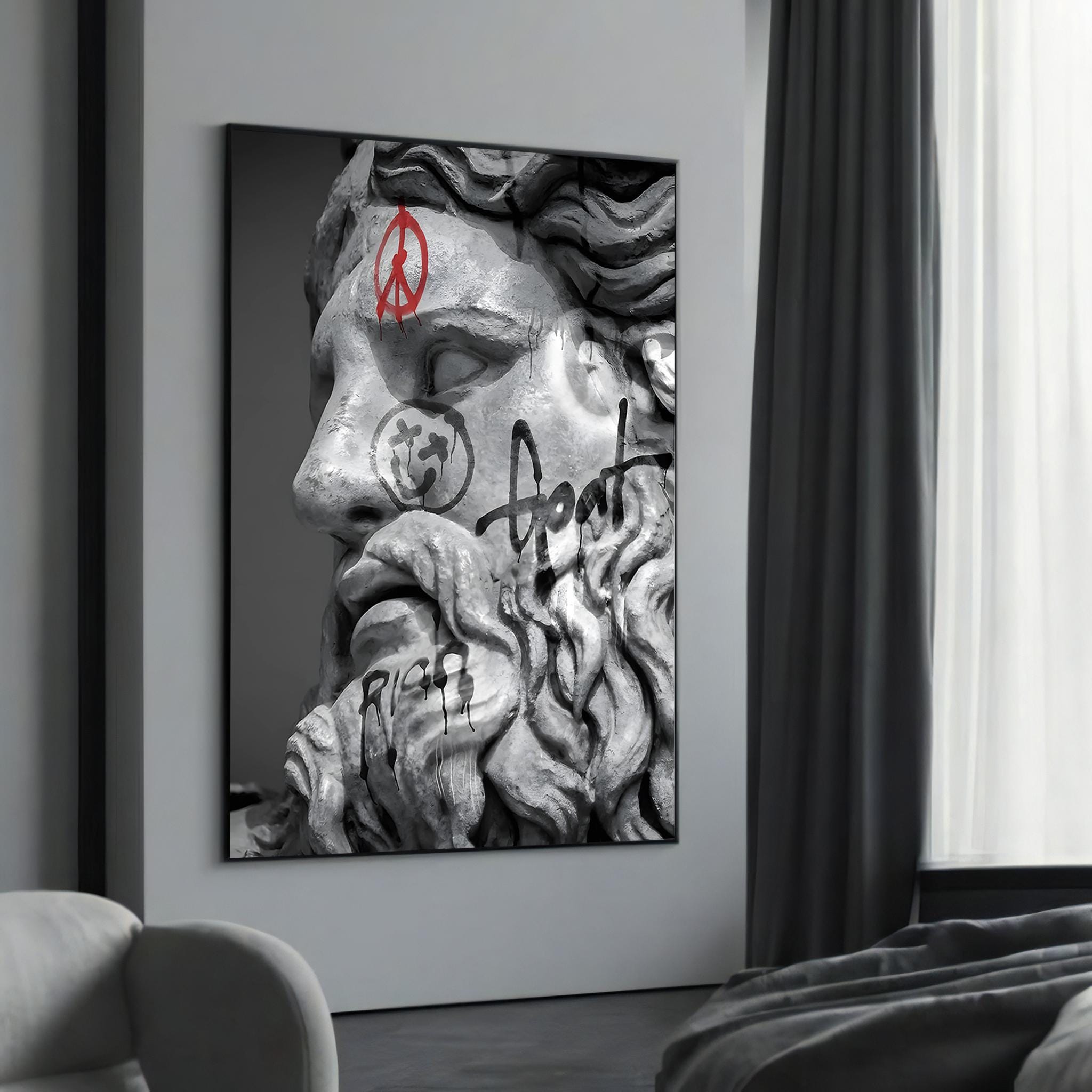 Graffiti Zeus Face Canvas Painting – Classic Mythological Art With