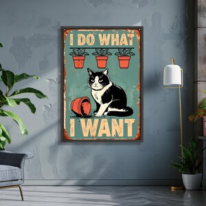 Arte de parede em tela com gato engraçado e travesso, pôster de animal de estimação em estilo retrô, citação "Eu faço o que quero", tela de gato engraçado, decoração de parede vintage com animais imagem 3