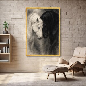 Tela de retrato de cavalos pretos e brancos, arte de parede equina, pintura romântica de animais, close-up de cabeças de cavalo, decoração elegante para casa imagem 2