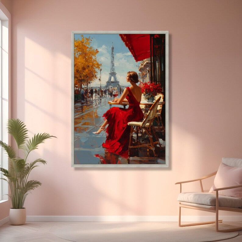 Elegant Lady in Red Dress Paris Cafe Canvas, Eiffel Tower Wall Art ...