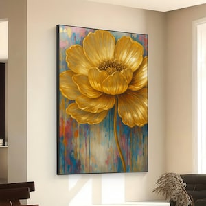 Golden Bloom Canvas Wall Art, Large Floral Painting, Abstract Flower Decor, Petal Artwork, Modern Botanical Canvas