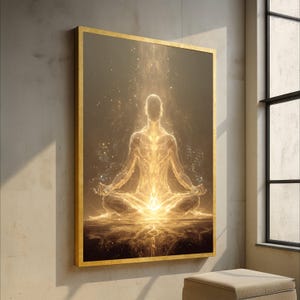 May include: A framed artwork shows a meditating figure in a lotus position, emitting golden light. The artwork has a gold frame and is set against a dark background with a glowing aura. The image evokes themes of spirituality and meditation.