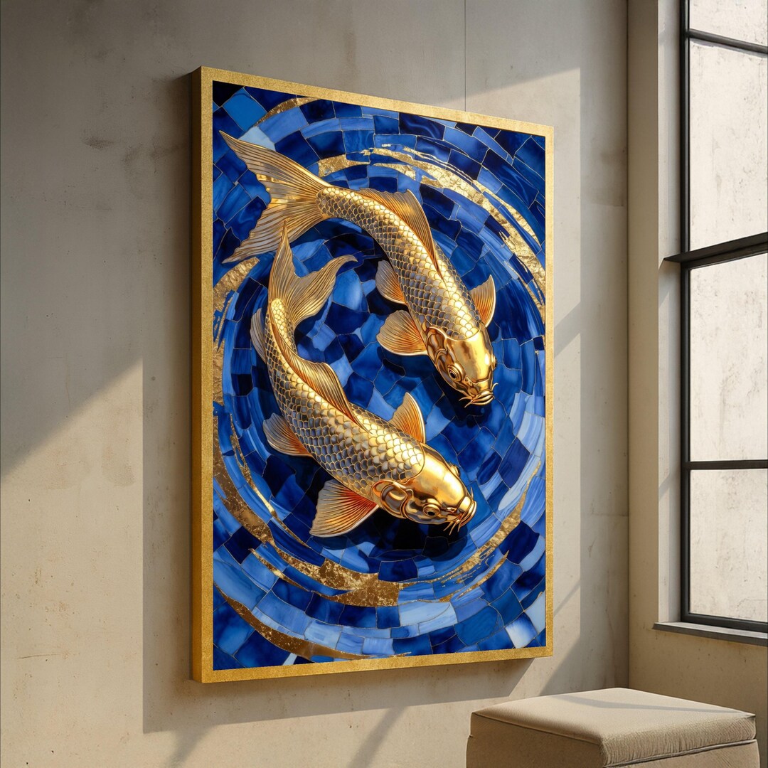 Golden Koi Fish Canvas Wall Art, Blue Mosaic Water Design, Asian