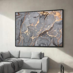 Elegant Grey and Gold Abstract Canvas Wall Art - Luxury Marble Texture Painting, Modern Framed Artwork, Ready to Hang Home Decor