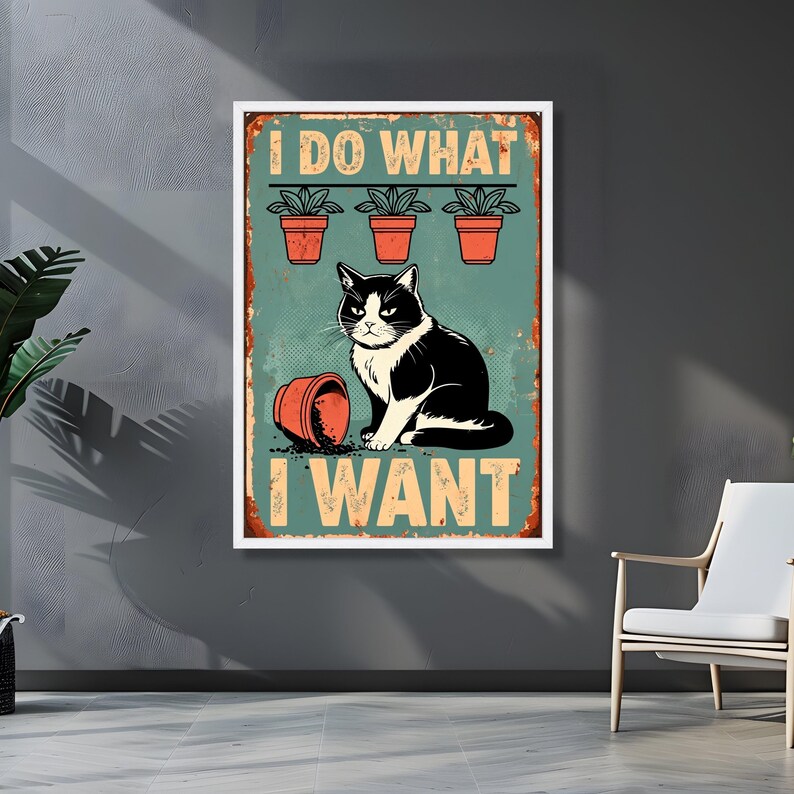 Arte de parede em tela com gato engraçado e travesso, pôster de animal de estimação em estilo retrô, citação "Eu faço o que quero", tela de gato engraçado, decoração de parede vintage com animais imagem 5