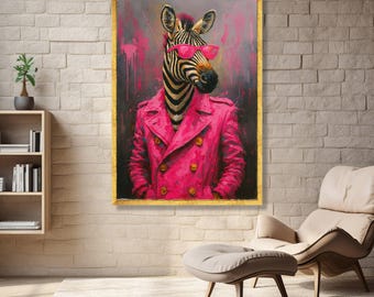 Cool Zebra Portrait Canvas, Funky Animal Wall Art, Pink Coat