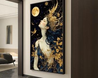 Moonlight Goddess Canvas Print - Mystical Woman with Golden Birds and Celestial Elements - Enchanting Fantasy Wall Art