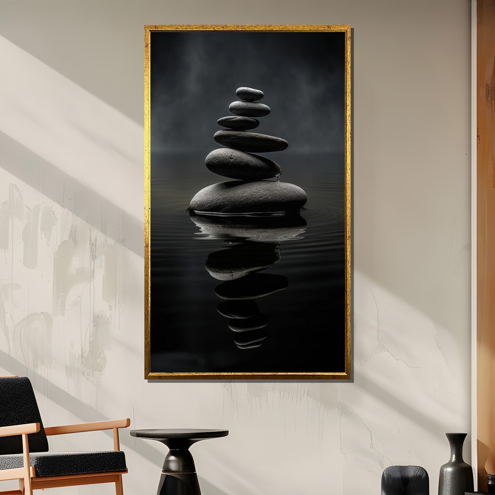 Dark Zen Stones Wall Art - Minimalist Black and Grey Balance Rocks ...