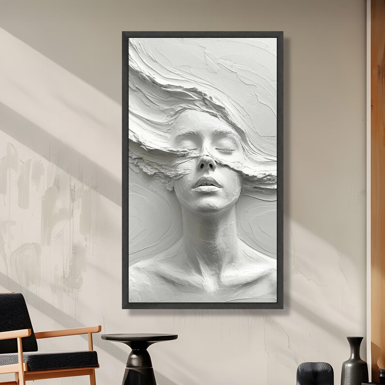 Abstract Woman Face Sculpture Canvas, Effect Wall Art, Modern White Home Decor, Artistic Portrait Canvas, Ready to Hang Design image 3