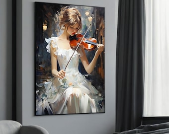 Elegant Violinist Canvas Art, Romantic Music Wall Decor, Classical Musician Painting, Artistic Violin Print, Feminine Home Decor