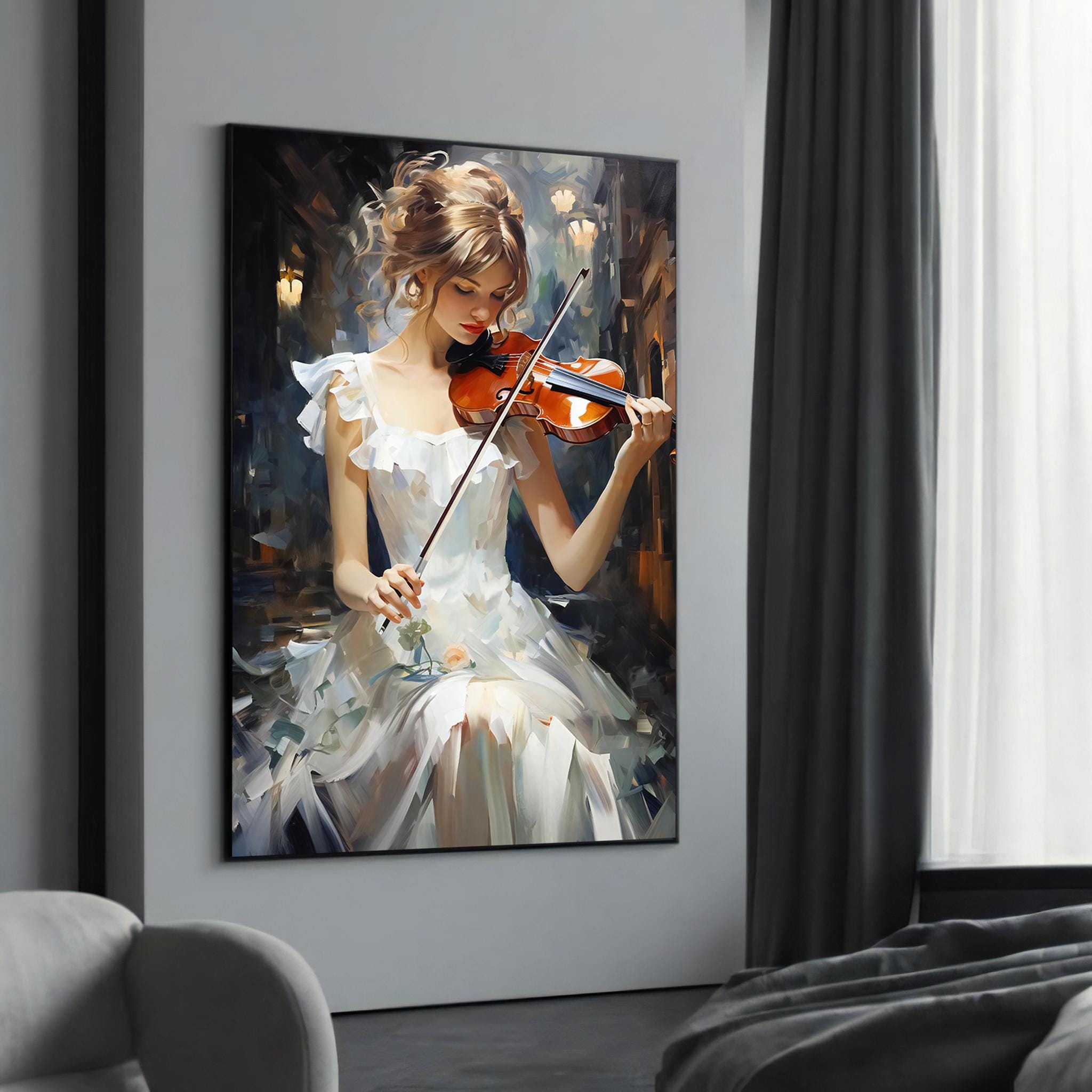 Elegant Violinist Canvas Art, Romantic Music Wall Decor, Classical