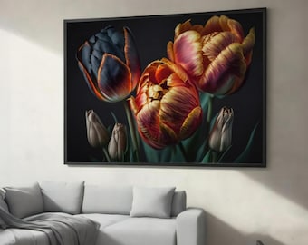 Levendige tulp canvasschilderij met donkere achtergrond – Elegante bloemenmuurkunst, perfect cadeau voor moderne huisdecoratie