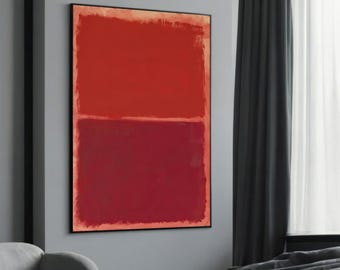 May include: Abstract painting with two horizontal bands of color. The top band is a vibrant orange-red, and the bottom band is a deep burgundy red.