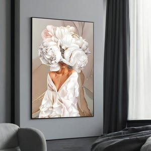 Elegant Woman with Floral Head Canvas Painting, Minimalist Feminine Art, Unique Wall Decor, Perfect Gift for Modern Home Spaces