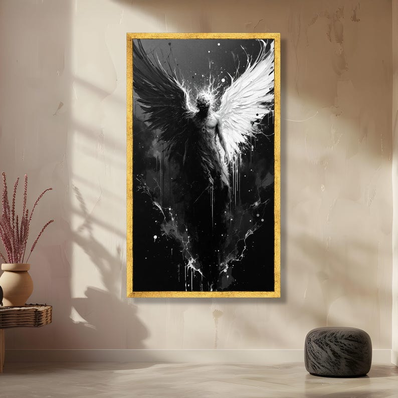 Duality Angel Canvas Wall Art, Black and White Wings Abstract Painting, Spiritual Contrast Decor, Modern Canvas Artwork, Dark and Light Home image 2