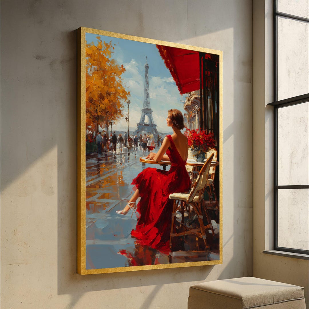 Elegant Lady in Red Dress Paris Cafe Canvas, Eiffel Tower Wall Art ...