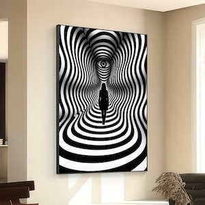 Surreal Optical Illusion Tunnel Canvas, Black White Striped Abstract Wall Art, Silhouette Figure Design, Modern Psychedelic Canvas