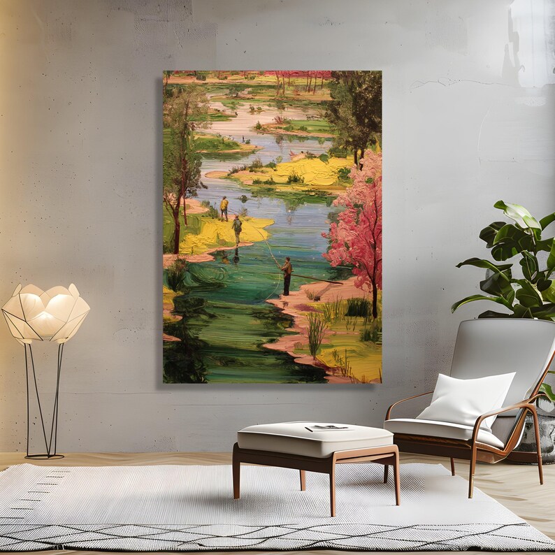 Tranquil Riverside Fishing Scene Canvas, Nature Landscape Wall Art, Hand-Painted Style River View, Outdoor Relaxation Decor, Canvas Wall Art image 6