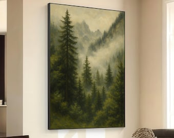 Misty Pine Forest Canvas, Mountain Landscape Wall Art, Foggy Woods Painting, Nature Scene Canvas, Rustic Home Decor