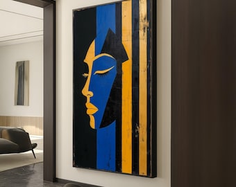 Abstract Woman Profile Canvas, Modern Face Art, Blue and Gold Wall Decor, Contemporary Canvas Wall Art, Feminine Silhouette Painting