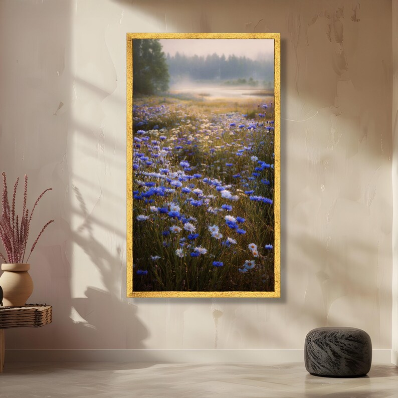 Misty Morning Wildflower Meadow Canvas, Blue and White Floral Field ...