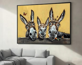 Arte de parede em tela de burro engraçado - Pintura de animal de fazenda caprichosa, decoração rústica do campo, arte de casa lúdica pronta para pendurar