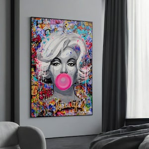 Pintura en lienzo con grafiti de Marilyn en estilo chicle: arte pop icónico con un toque de grafiti urbano, regalo perfecto para los amantes del arte moderno y de Marilyn Monroe