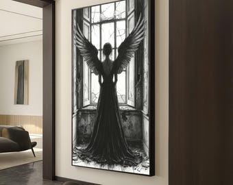 Dark Angel Canvas Wall Art, Gothic Woman with Wings, Black and White Angel Painting, Moody Interior Decoration, Dramatic Home Wall Art