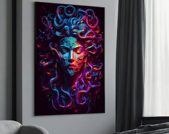 Regalo de pintura en lienzo de Medusa de neón vibrante: arte mitológico futurista para una decoración del hogar atrevida y única
