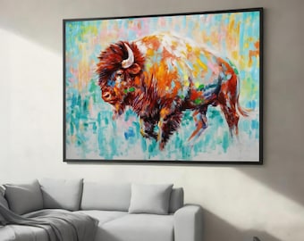 Kleurrijke bizon canvas muurkunst - levendige abstracte dieren in het wild schilderij, modern rustiek huisdecor, klaar om op te hangen statement artwork