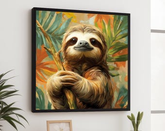 愛らしいナマケモノのキャンバスウォールアート、トロピカルジャングルの動物プリント、かわいい野生動物の装飾、自然キャンバス、すぐに掛けられる保育園アート