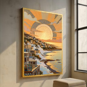 Mediterranean Coastal Village Canvas, Moorish Tile Pattern Wall Art, Sunset Landscape Canvas, Ocean View Home Décor, Vibrant Seaside