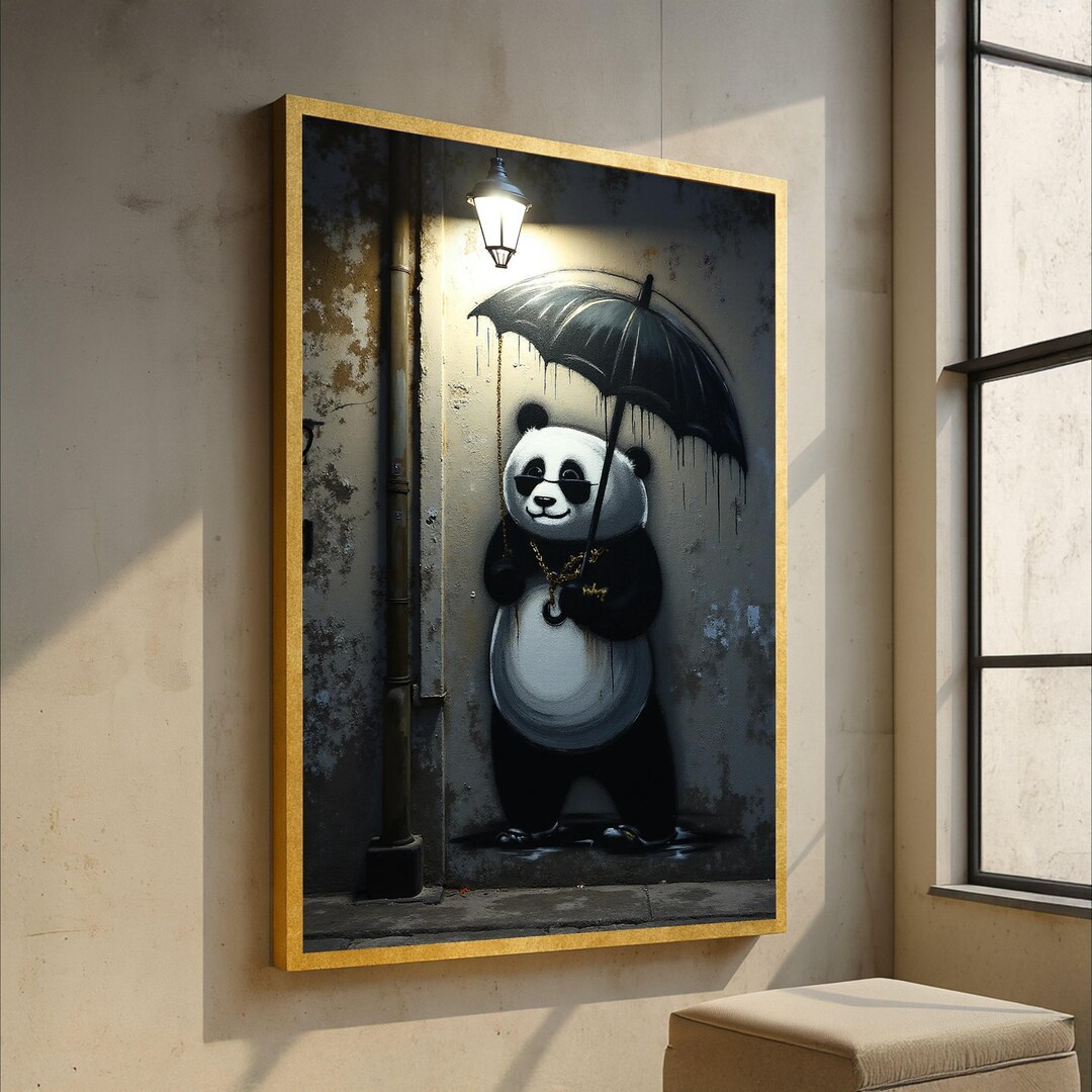 Cool Panda With Umbrella Canvas, Street Art Wall Decor, Urban Animal ...