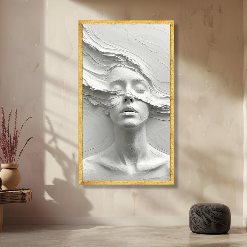 Abstract Woman Face Sculpture Canvas, Effect Wall Art, Modern White Home Decor, Artistic Portrait Canvas, Ready to Hang Design image 2