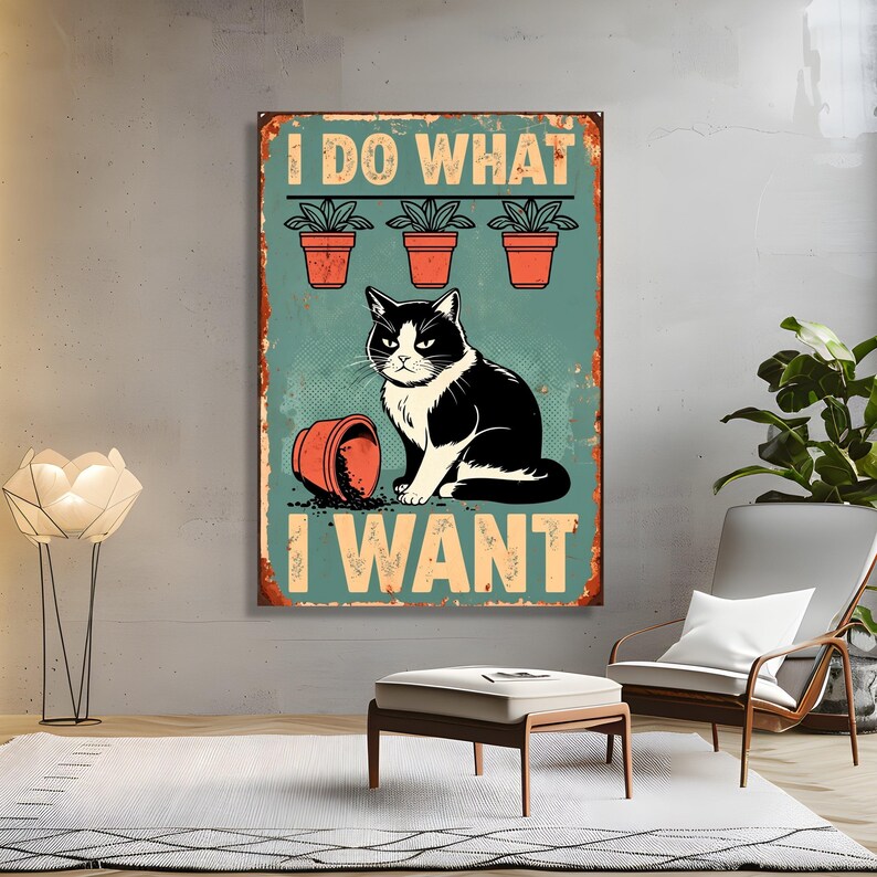 Arte de parede em tela com gato engraçado e travesso, pôster de animal de estimação em estilo retrô, citação "Eu faço o que quero", tela de gato engraçado, decoração de parede vintage com animais imagem 6