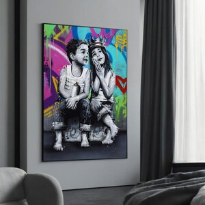 Cadeau de peinture sur toile pour enfants avec couronne style graffiti – Décoration d&#39;art de rue ludique pour les maisons urbaines et modernes