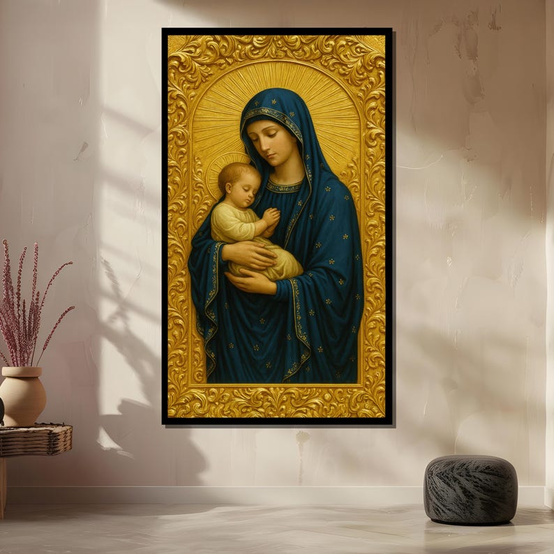 Virgin Mary and Baby Jesus Canvas – Gold Frame Christian Icon Wall Art ...