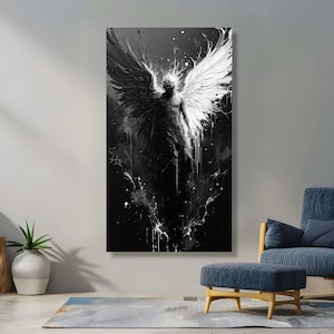 Duality Angel Canvas Wall Art, Black and White Wings Abstract Painting, Spiritual Contrast Decor, Modern Canvas Artwork, Dark and Light Home image 6
