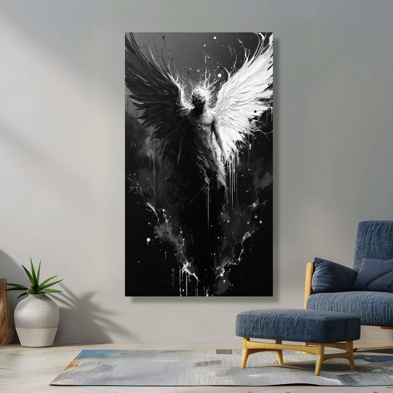 Duality Angel Canvas Wall Art, Black and White Wings Abstract Painting, Spiritual Contrast Decor, Modern Canvas Artwork, Dark and Light Home image 6
