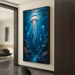 Ethereal Jellyfish Glow, Underwater Ocean Scene Canvas, Marine Life Wall Art, Deep Sea Canvas Decoration, Blue Water Canvas Art