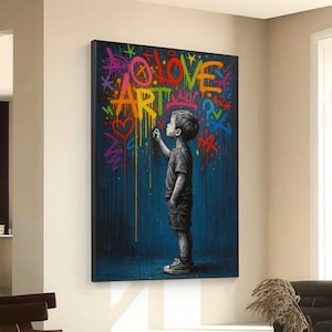 Urban Childhood Graffiti Art Canvas, Colorful Love and Art Street Style Wall Decor, Kids Black and White Figure Canvas, Modern Urban Canvas
