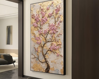 Elegant Cherry Blossom Canvas Wall Art, Floral Painting, Pink Flower Branch Wall Decor, Gold Accent Nature Canvas, Ready to Hang