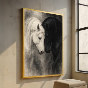 Tela de retrato de cavalos pretos e brancos, arte de parede equina, pintura romântica de animais, close-up de cabeças de cavalo, decoração elegante para casa imagem 1